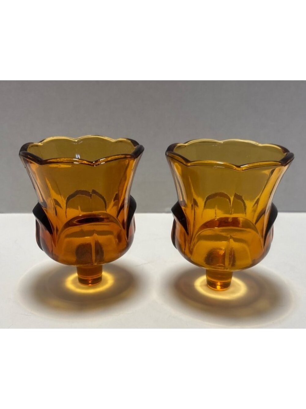 Homco Amber Glass Tulip Peg Votive Candleholders Pair Scalloped Design VTG 70s